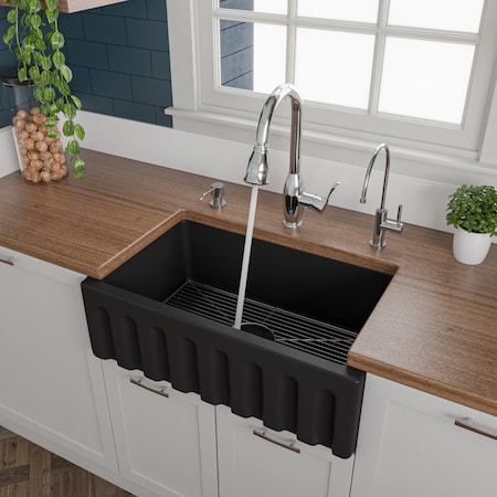 Alfi Brand 30" Black Matte Reversible Smooth / Fluted Single Bowl Fireclay Farm Sink AB3018HS-BM